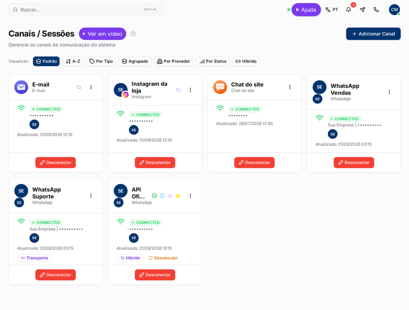 Canais conectados ao NimoChat Pro+: WhatsApp, Instagram, e-mail e chat do site