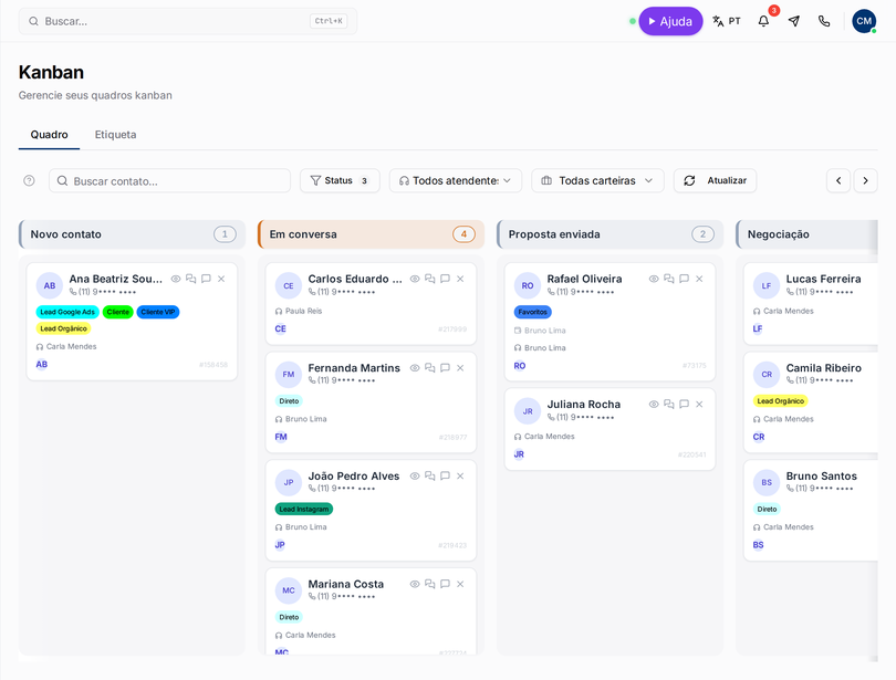 Kanban do NimoChat Pro+ com um cartão por cliente