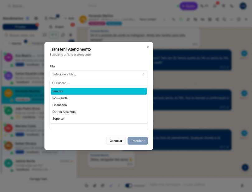 Transferência de conversa para outra fila ou atendente no NimoChat Pro+