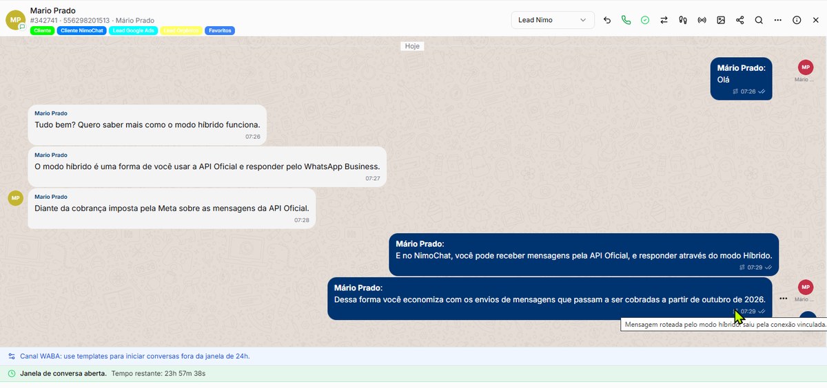 Tela do NimoChat Pro+ com o modo híbrido ligado: a conversa chega pelo canal oficial e a resposta do atendente sai pela conexão vinculada